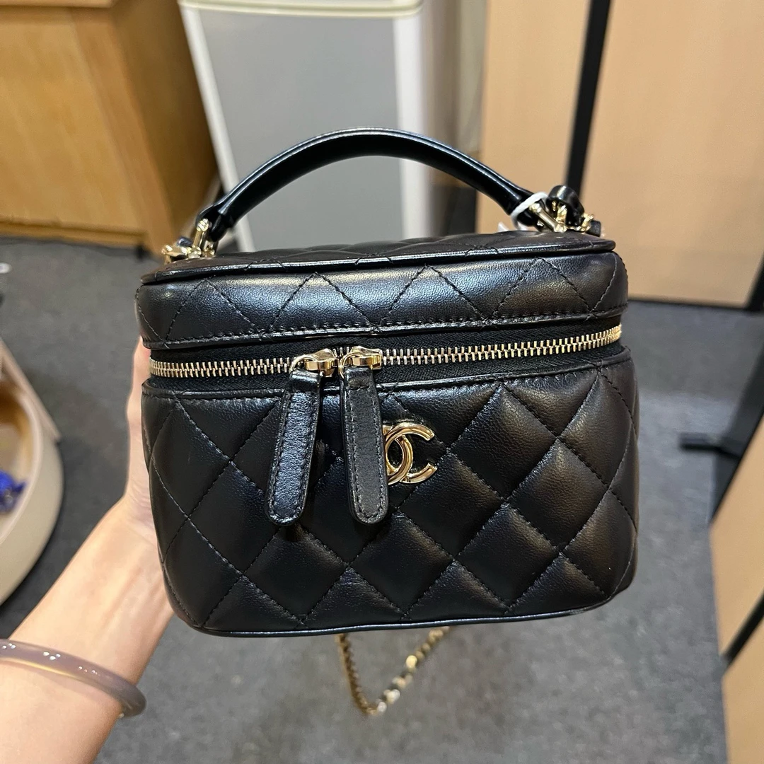 99新 Chanel/香奈儿 22A黑金羊皮手柄长盒子黑色经典盒子包斜挎包