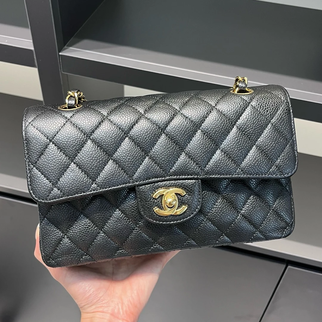 99新 Chanel/香奈儿  黑色金扣荔枝牛纹路CF小号单肩斜挎包