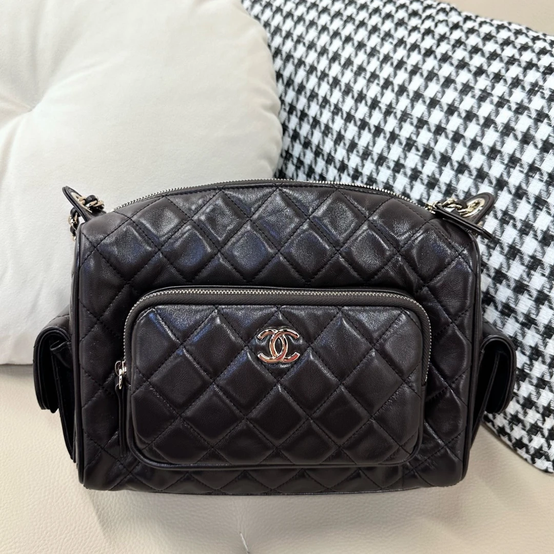 99新 Chanel/香奈儿 24K巧克力色金扣相机包 大号女款百搭