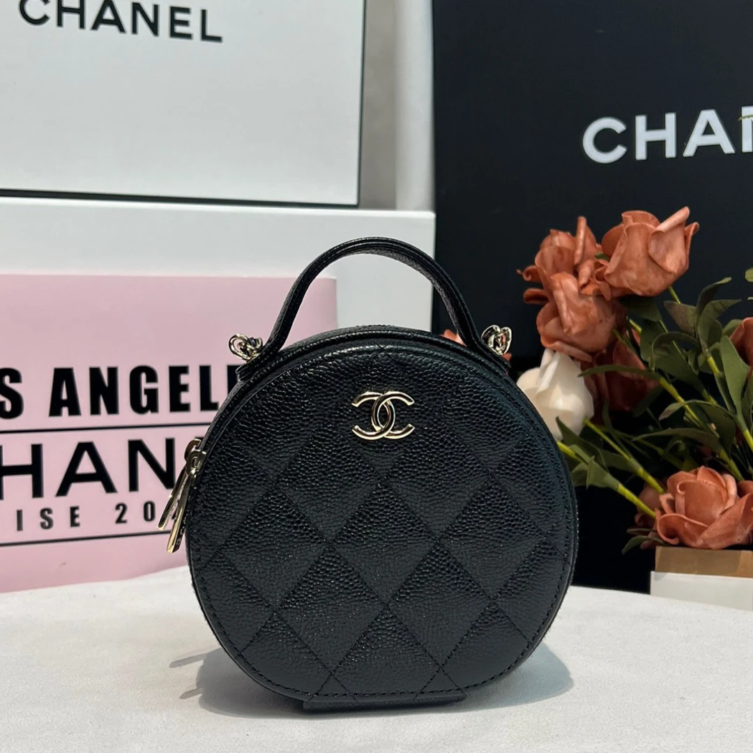 99新 Chanel/香奈儿 黑金荔枝牛手柄小圆饼百搭时尚斜挎包