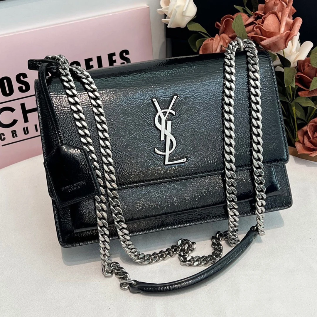 95新 YSL/圣罗兰 中号黑银漆皮日落经典气质百搭单肩斜挎包