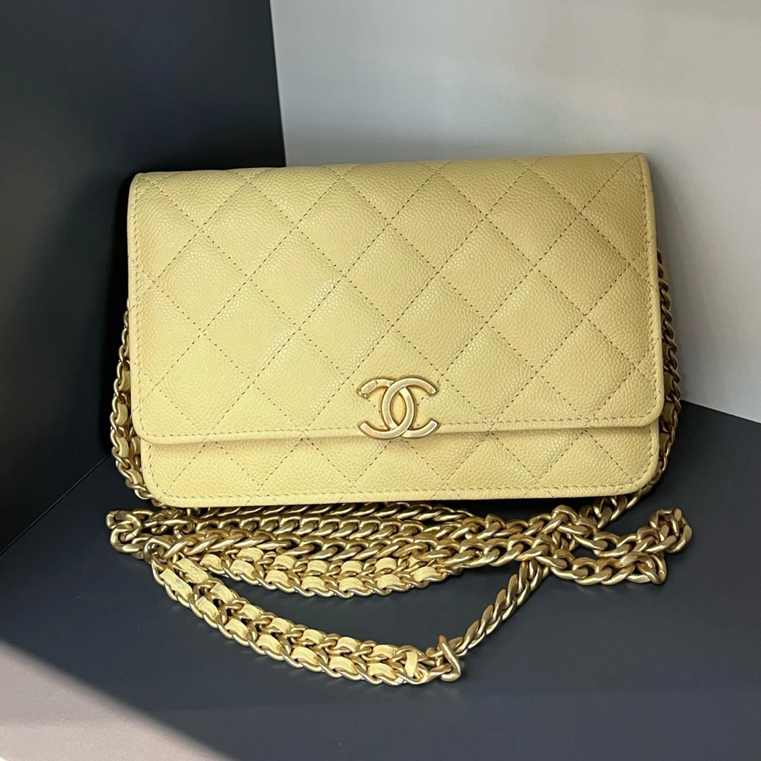 99新 Chanel/香奈儿 22P黄色金扣荔枝纹双链woc单肩斜挎包气质