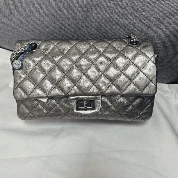 95新 Chanel/香奈儿 中古银色银扣2.55小号女款时尚单肩斜挎包