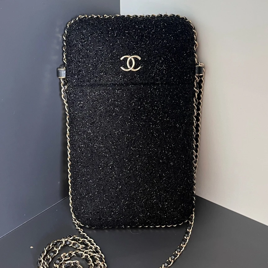 99新 Chanel/香奈儿 满天星金扣手机包22开黑色单肩斜挎链条包