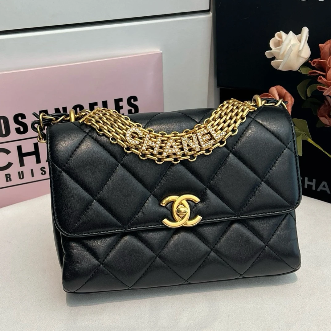 99新 Chanel/香奈儿 22S黑金水钻字母手柄口盖包时尚手提斜挎包