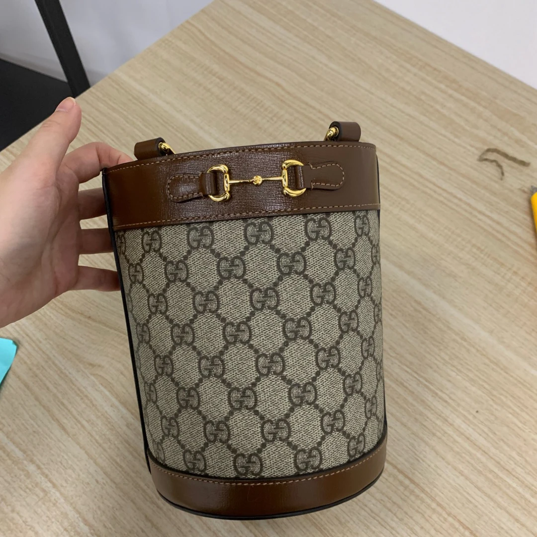 99新 GUCCI/古驰 棕色金扣1955水桶包百搭女款手提斜挎包