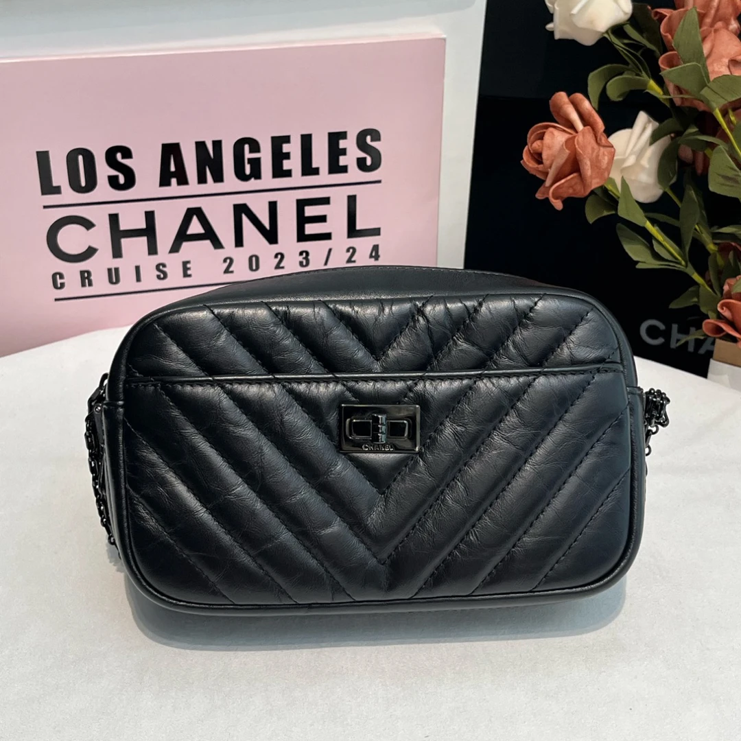 95新 Chanel/香奈儿 2.55v纹全黑手机包斜挎包可单肩女款百搭轻便