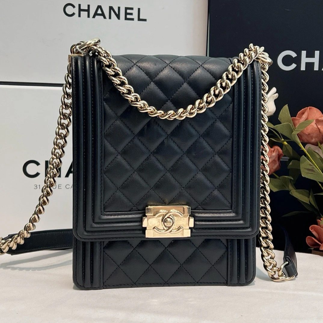 99新 Chanel/香奈儿 黑金/黑银竖版leboy单肩 斜挎包经典气质百搭