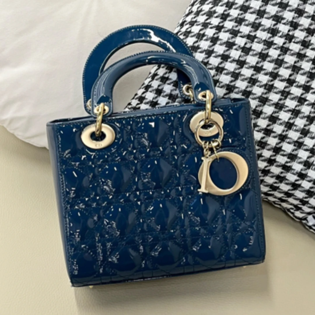 99新 DIOR/迪奥 蓝色漆皮四格戴妃女款手提包斜挎包经典气质