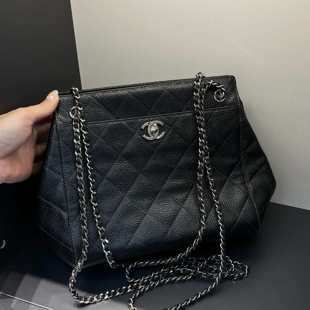 95新 Chanel/香奈儿 中古黑银牛皮单肩包 时尚黑色菱格百搭斜挎