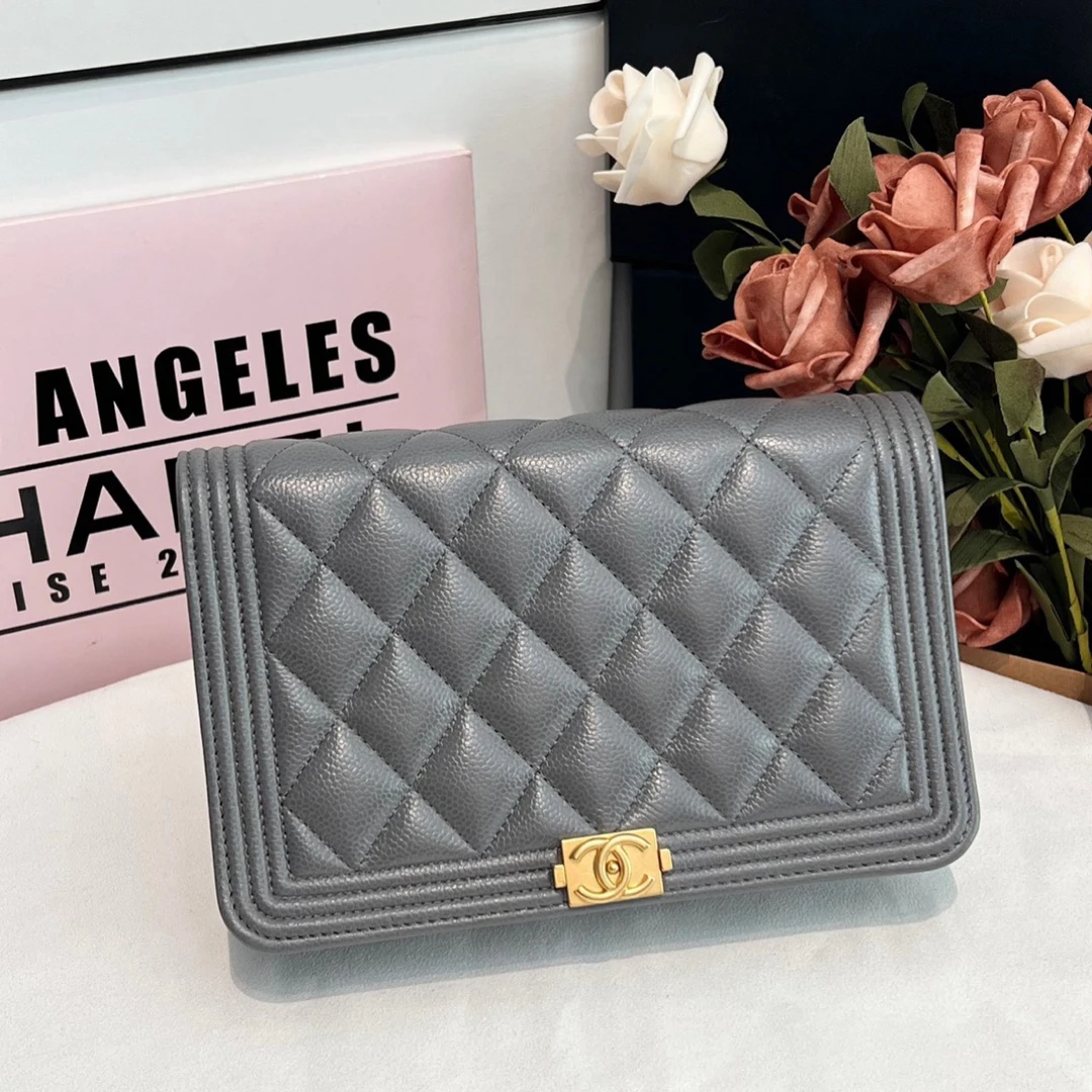 99新 Chanel/香奈儿 22A灰金荔枝牛纹路mini leboy woc斜挎包女款