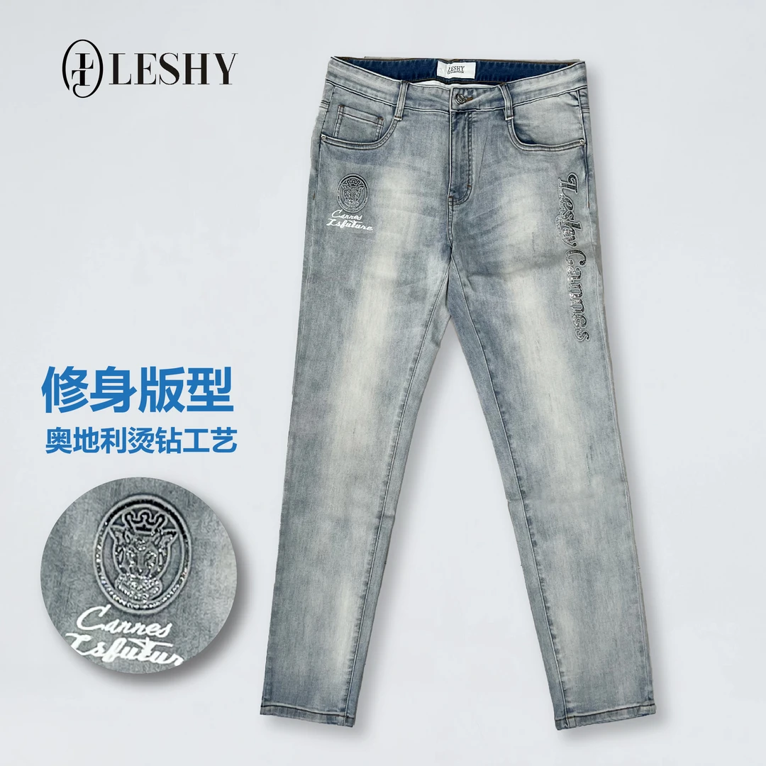 乐士男装夏季烫钻刺绣简欧修身男士时尚休闲牛仔长裤66221S2033