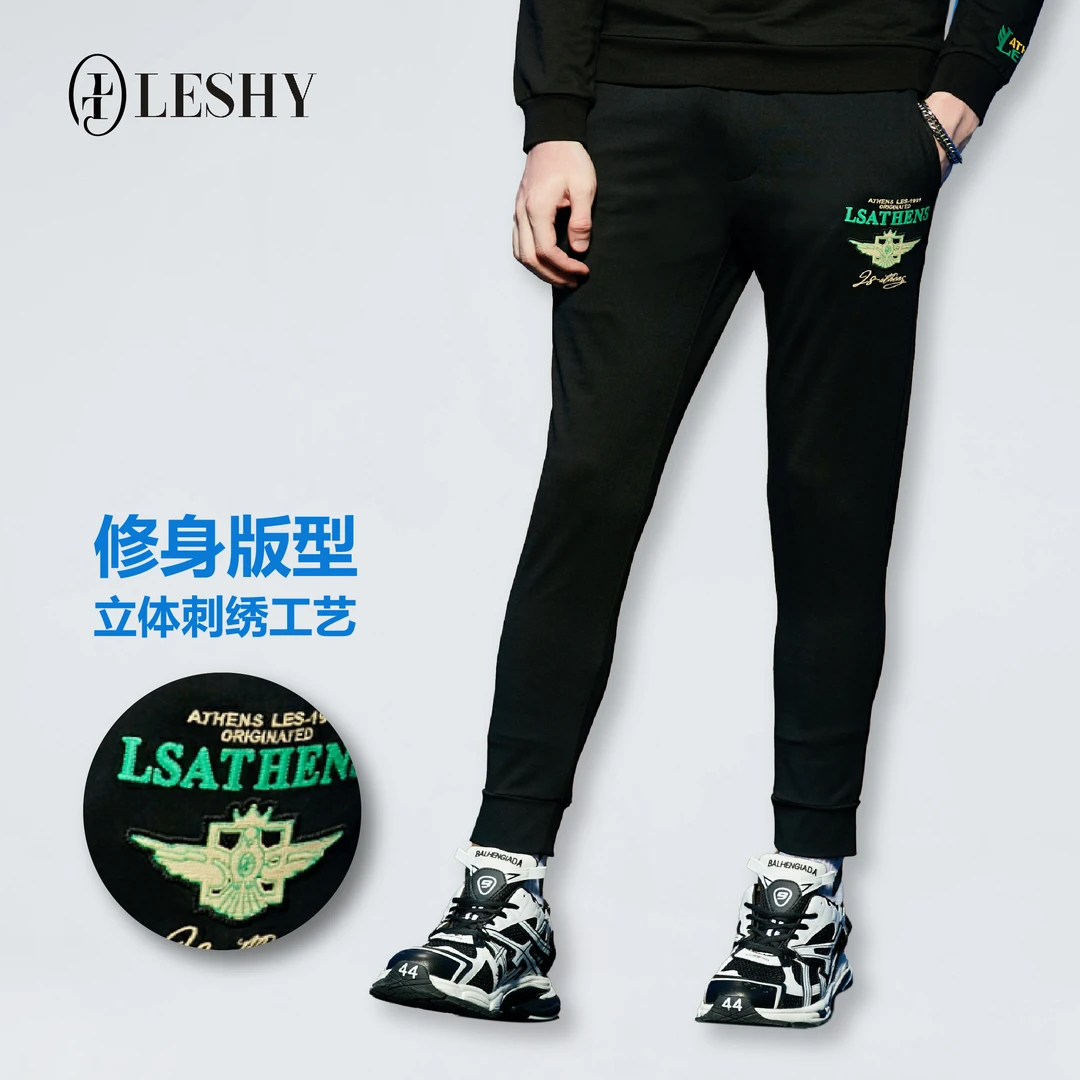 乐士男装秋冬简欧潮流百搭刺绣针织休闲运动裤66233S5003