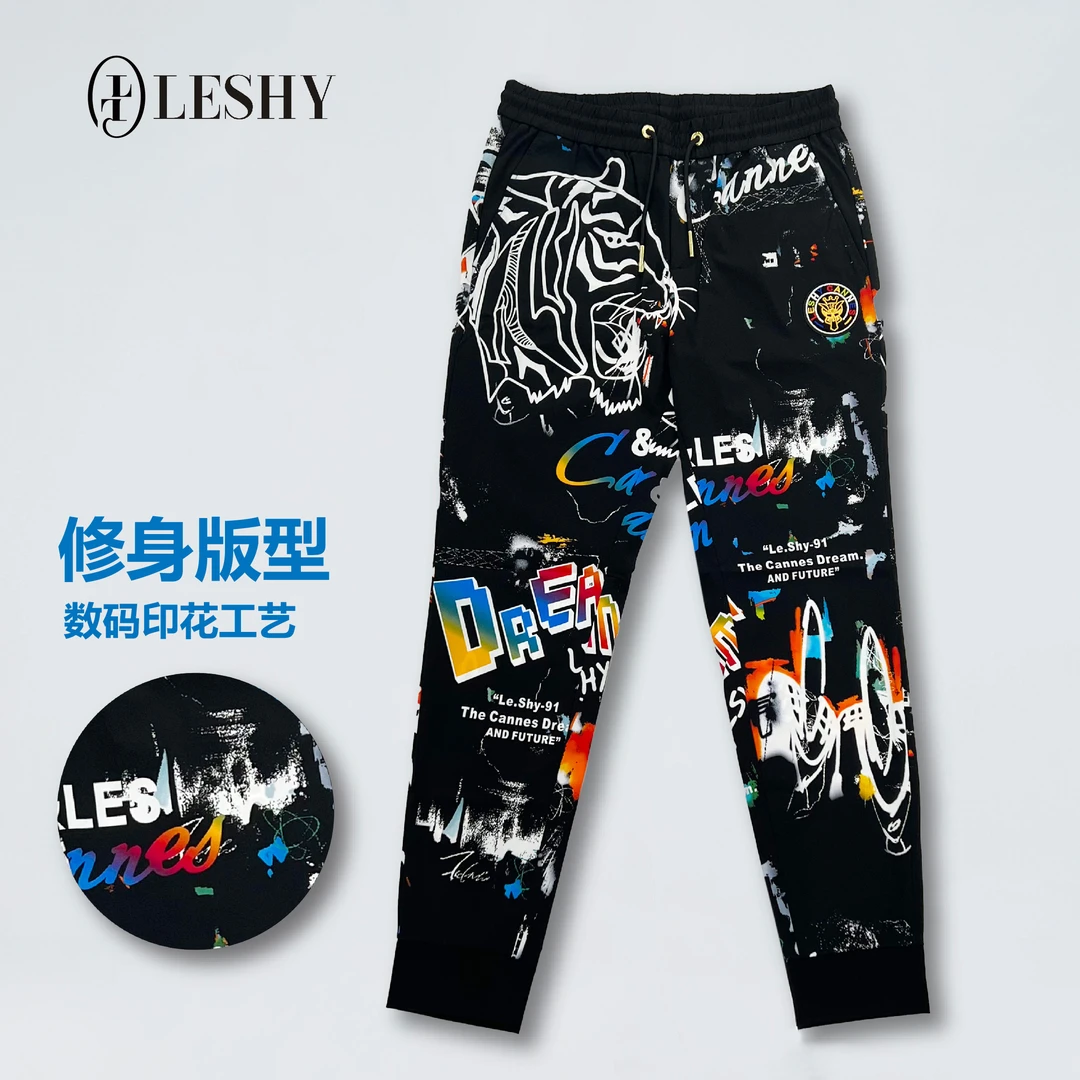 乐士男装夏季薄款修身印花运动简欧休闲男士束脚休闲裤66221S5011