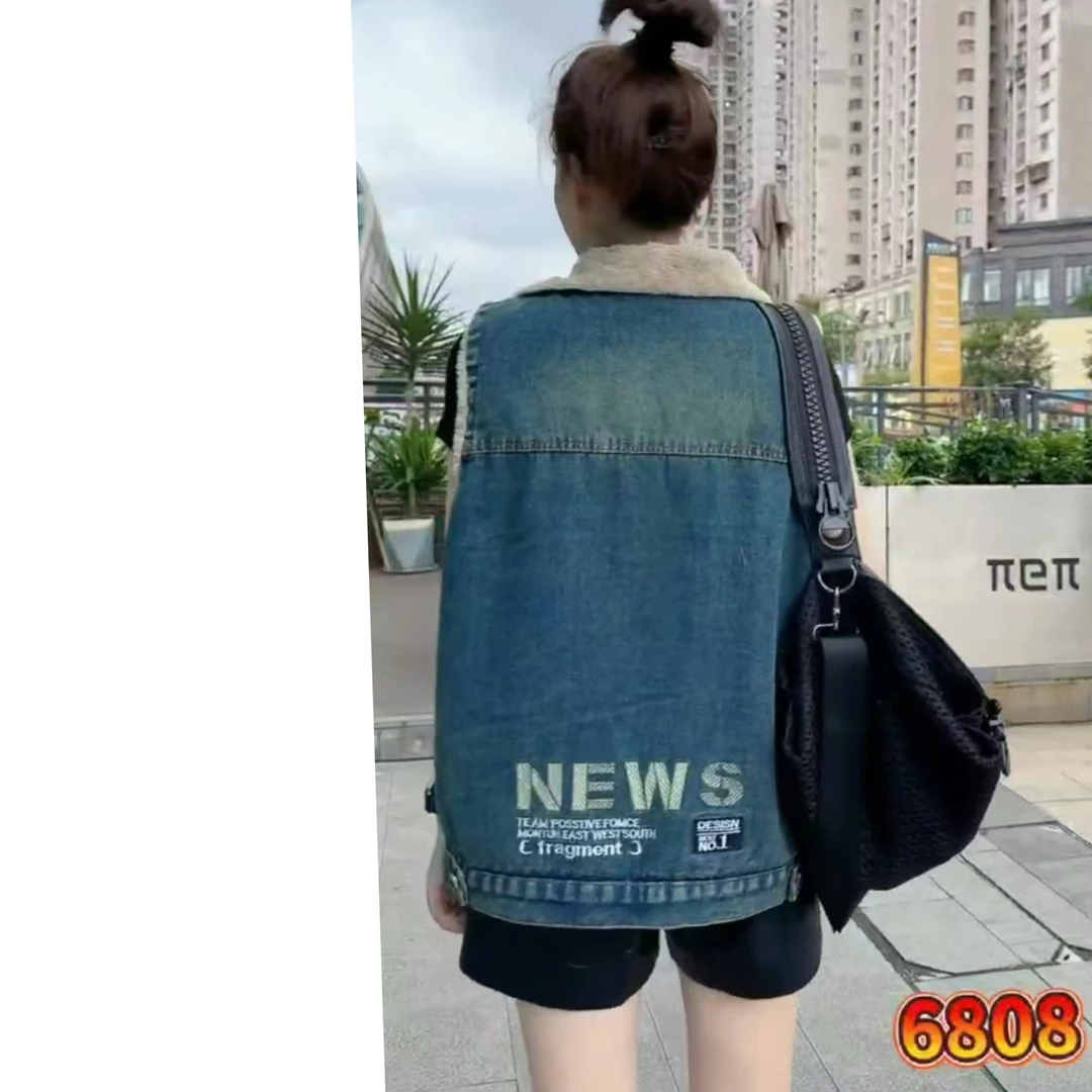 2024-【加绒牛仔马甲】女生翻领大口袋马甲