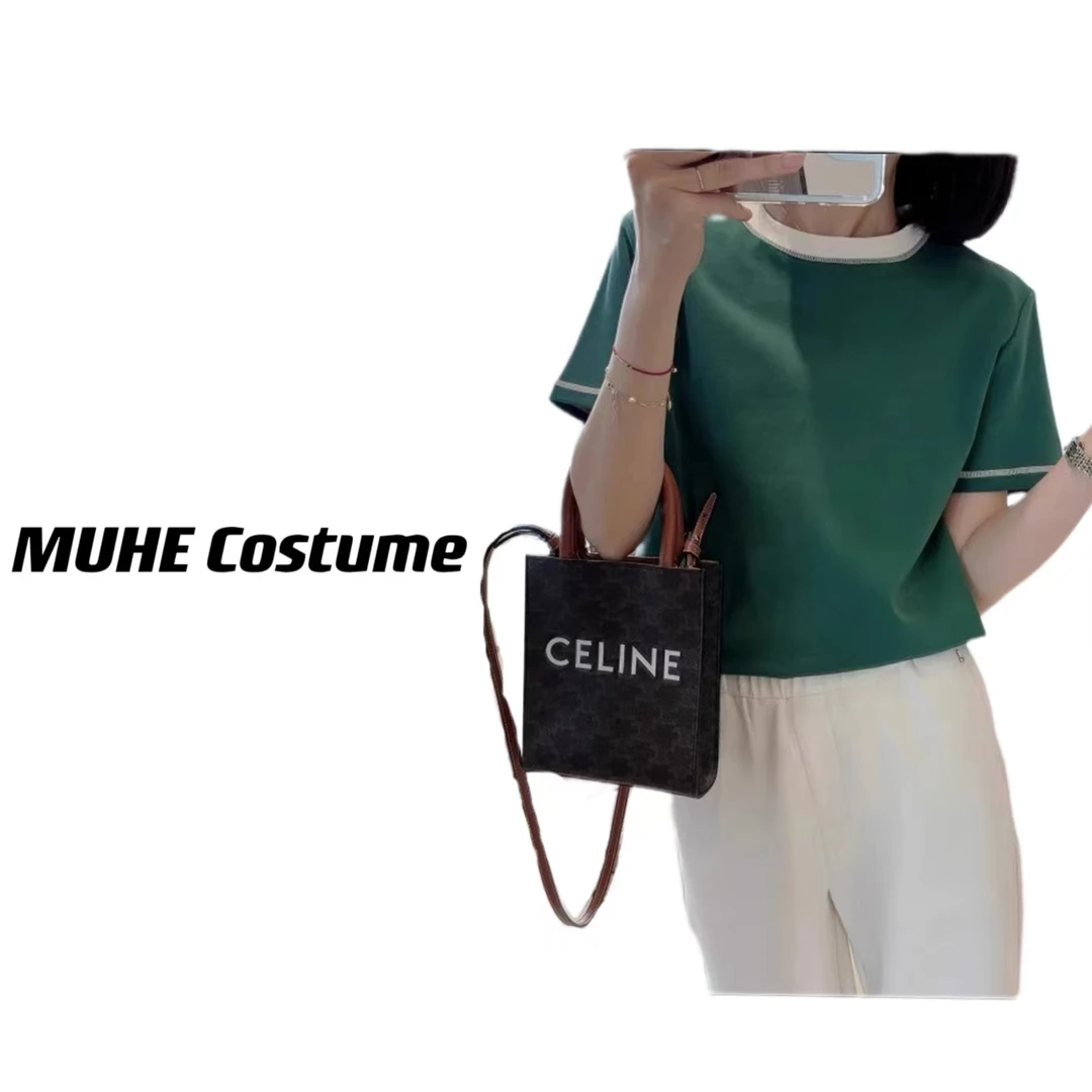 2025-【麻丝撞色】女生夏季经典款明线圆领百搭显瘦日系短袖 212