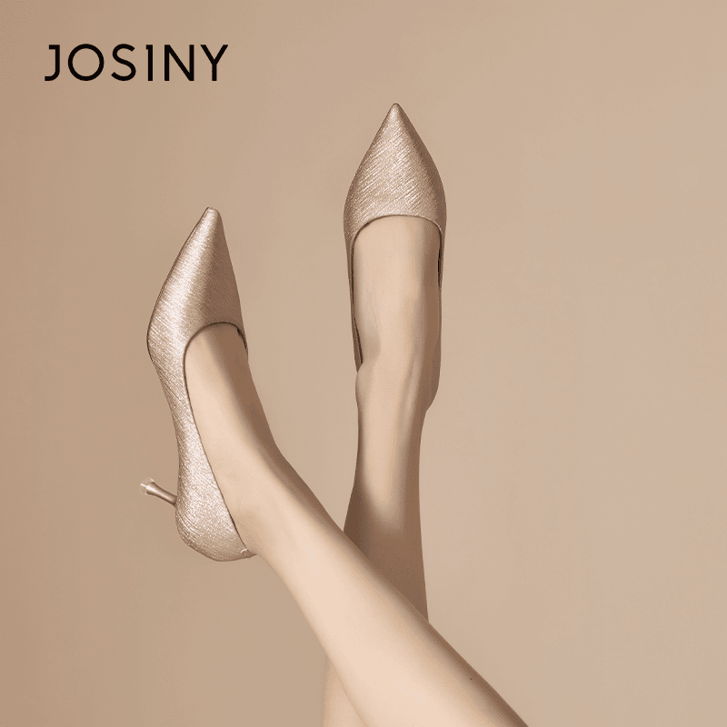 卓诗尼浅口高跟鞋气质婚鞋2024春季新款仙女风尖头细跟玫瑰金单鞋