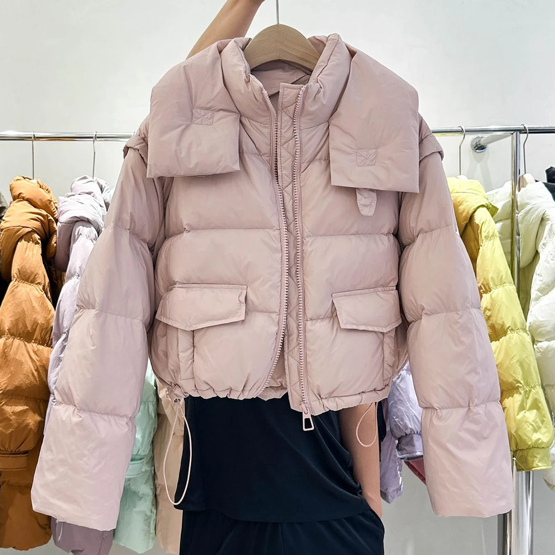 羽绒棉服女短款韩版2024年冬季新款加厚立领设计感白鸭绒面包服女