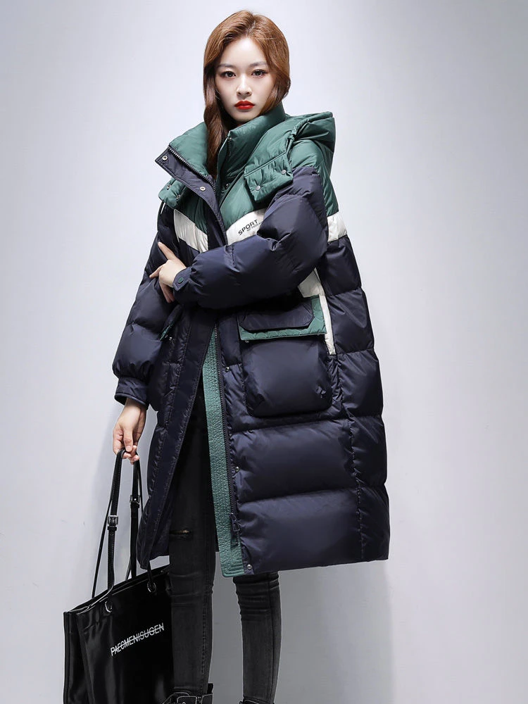 90白鸭绒羽绒棉服女长款加厚2024冬季新款过膝撞色拼接时尚连帽外