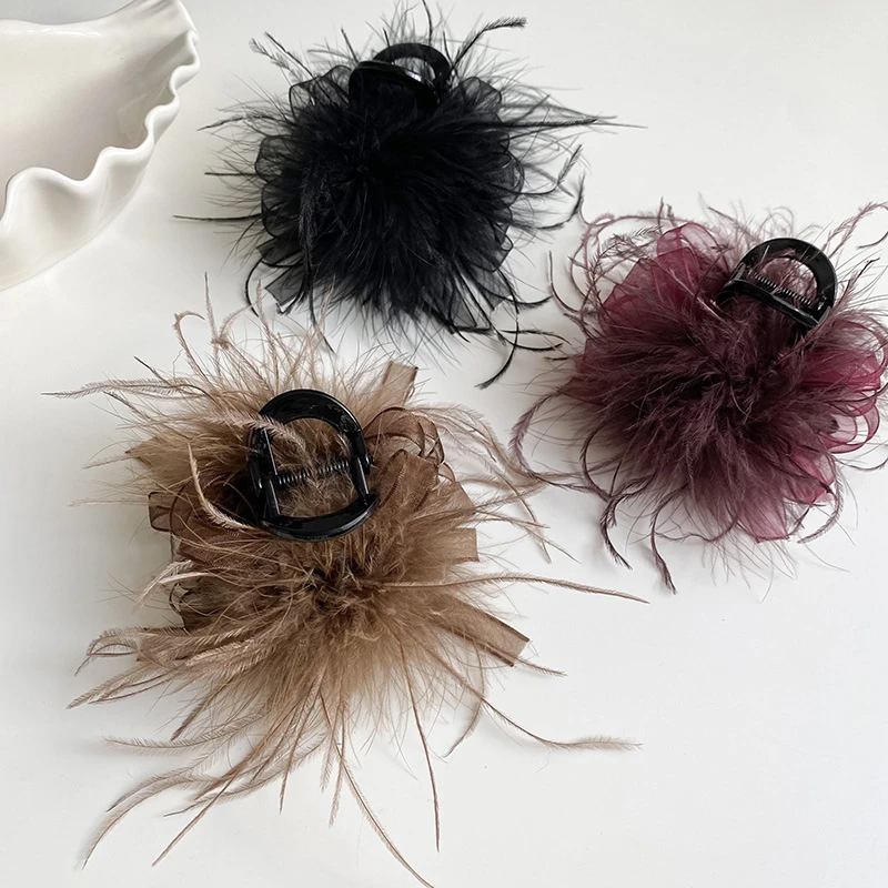 高级感羽毛抓夹鲨鱼夹鸵鸟毛发夹后脑勺半扎发夹毛毛发夹头饰