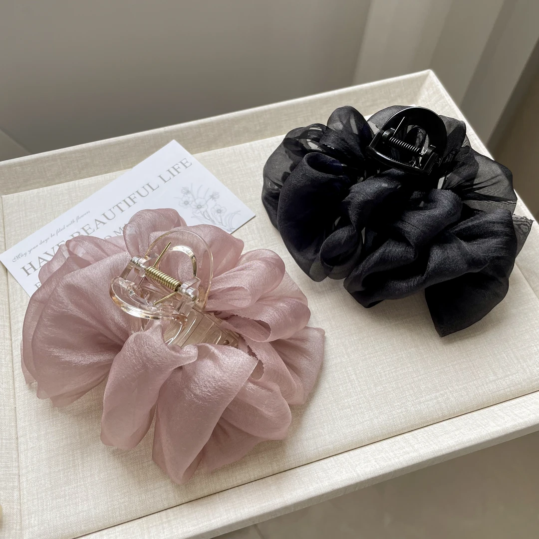 新款亮纱抓夹蓬松云朵泡泡夹纯色后脑勺饱满鲨鱼夹法式百搭发夹