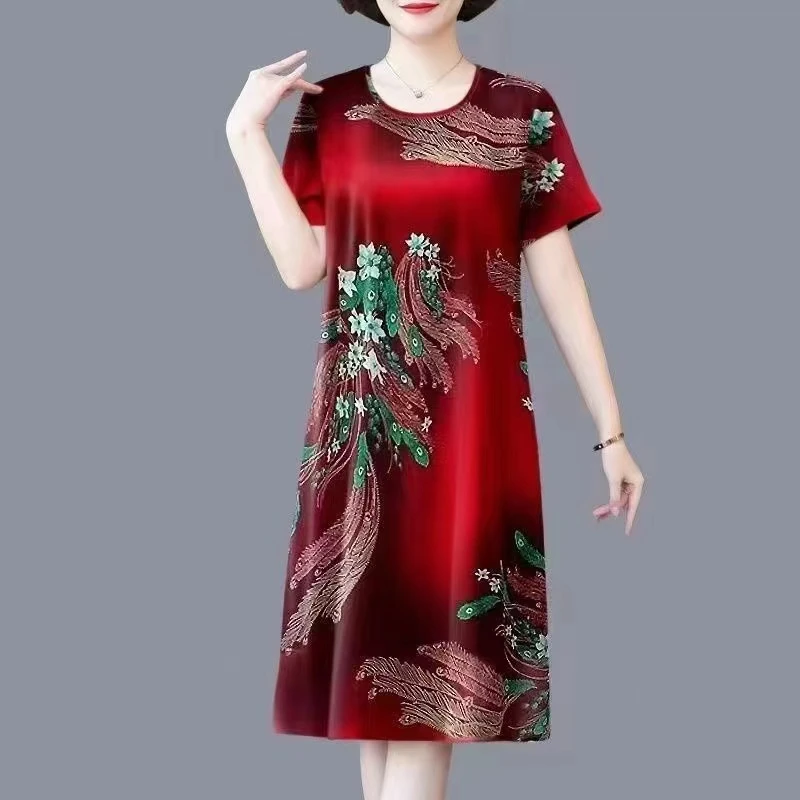 夏季新款短袖冰丝印花气质显瘦中长款裙子中老年女装妈妈装连衣裙