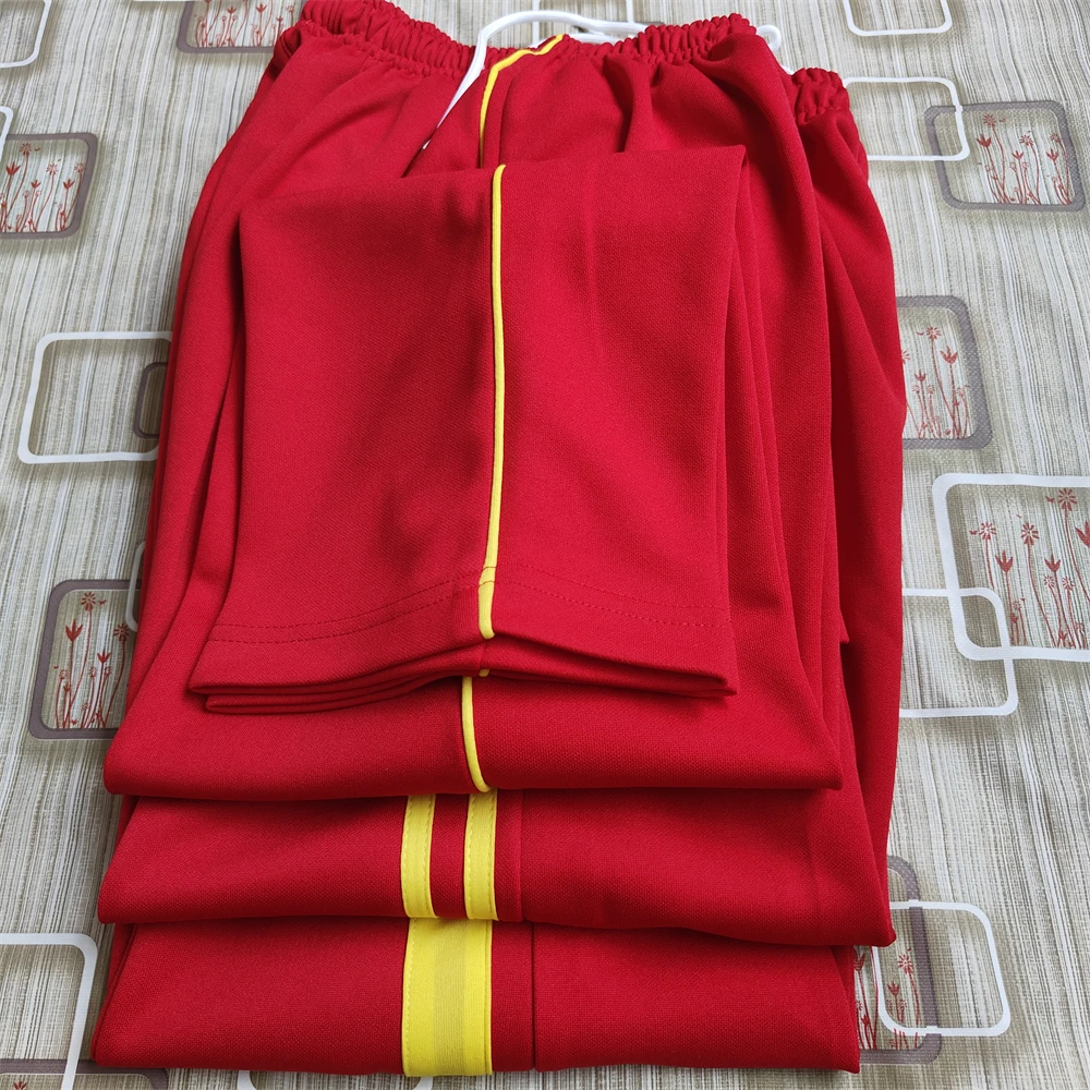 春秋黄条校服裤大红色细黄条高中小学生通用宽黄条直筒红色运动裤