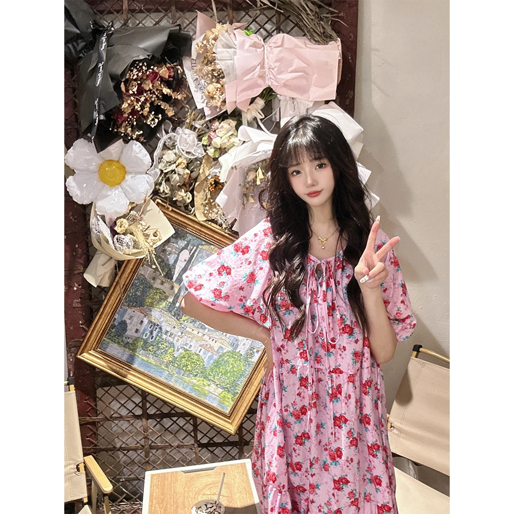 【初秋萱萱私人定制隐藏款】韩数码印花甜美碎花法式韩版小众连衣裙
