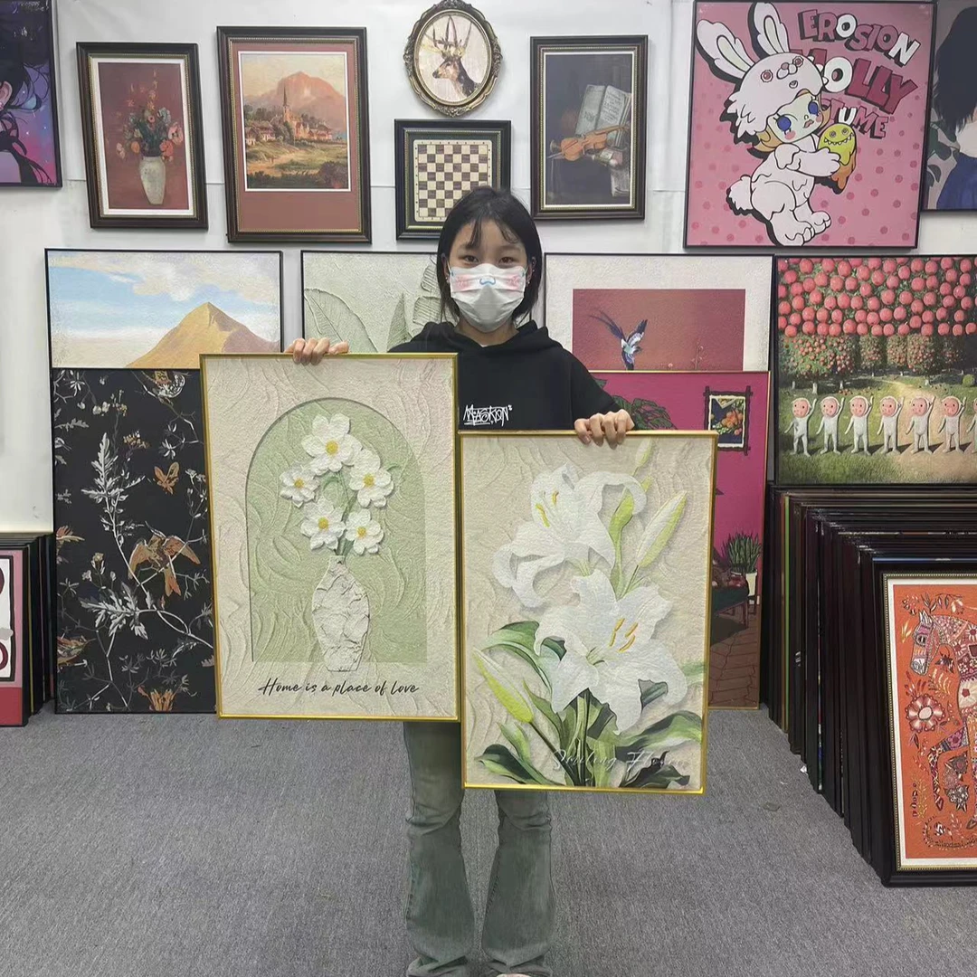 北欧客厅装饰画奶油风喷绘肌理花卉油画酒店公寓民宿客厅挂画4060