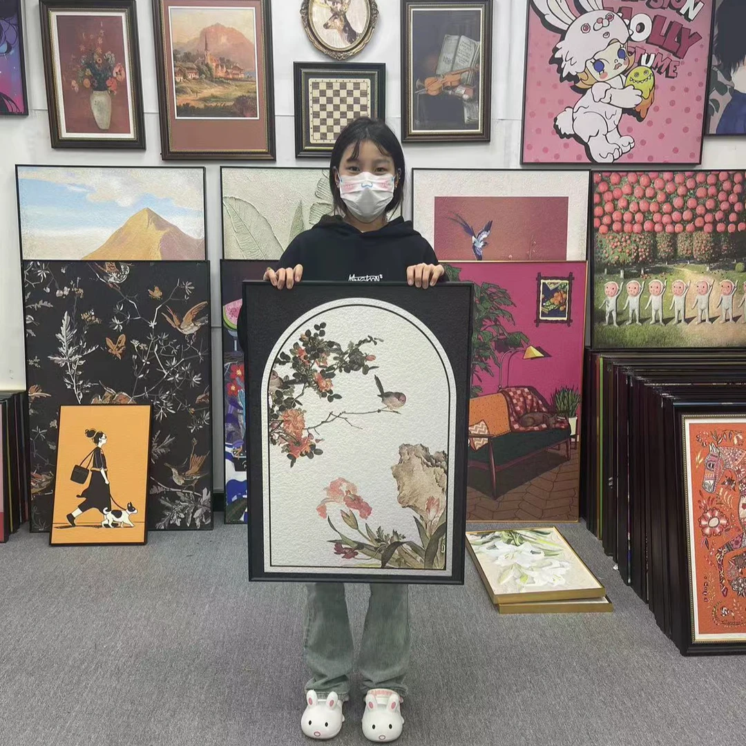 中古风花鸟图桌面摆画镜子玄关新中式卧室装饰画美容书房客厅5070