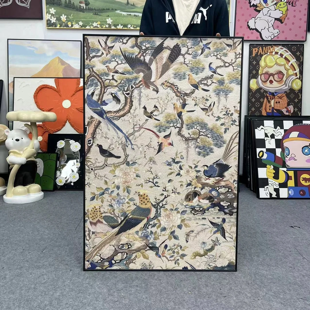 花鸟祥和图法式中古风客厅画复古艺术沙发背景墙壁画玄关画80120