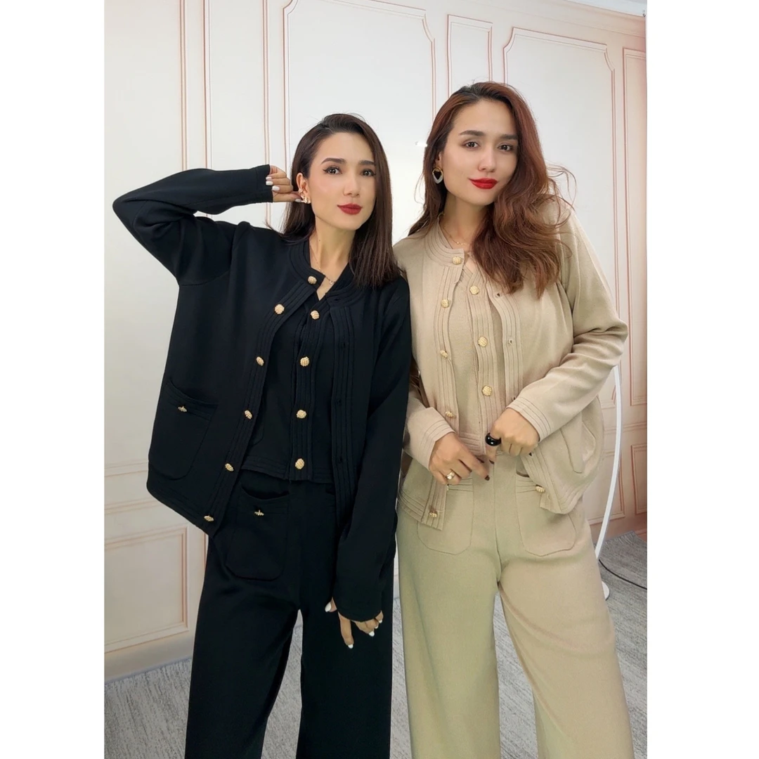 欧美小香风轻奢套装女2025春季气质针织开衫毛衣背心阔腿裤三件套