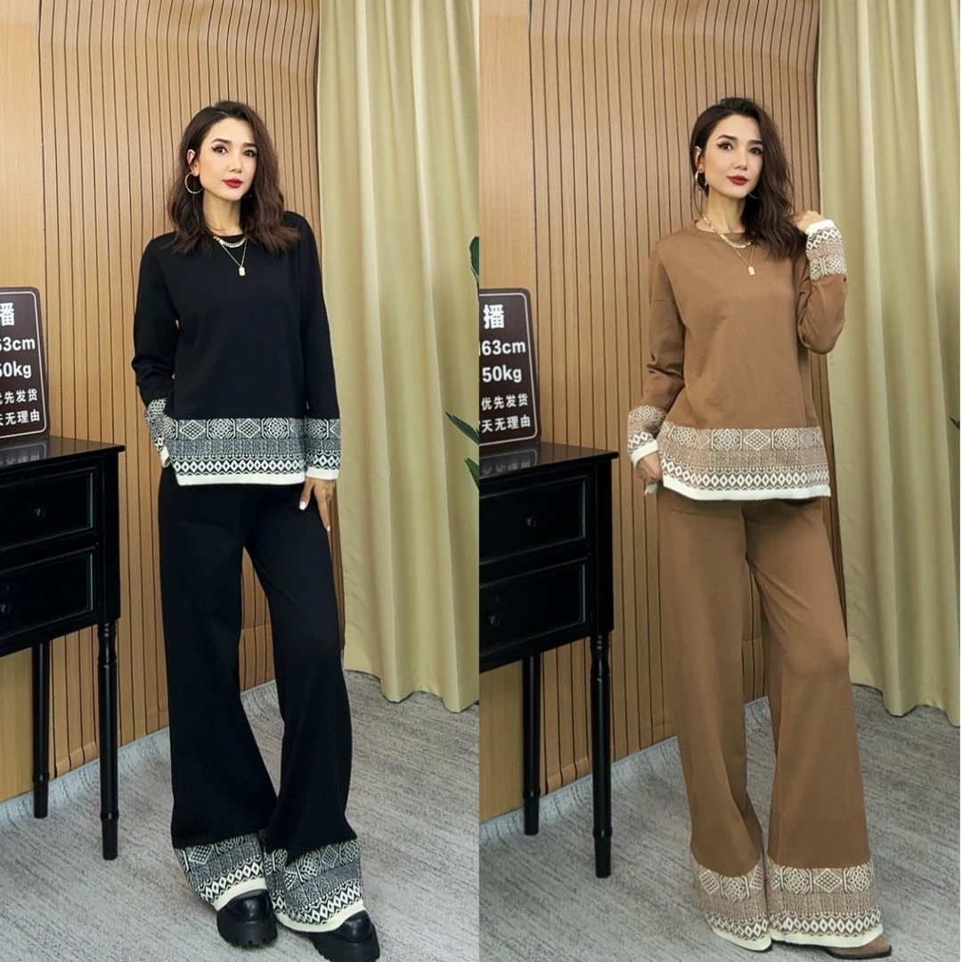 热美定制~贵气名媛民族风针织套装女24秋冬新款毛衣阔腿裤两件套