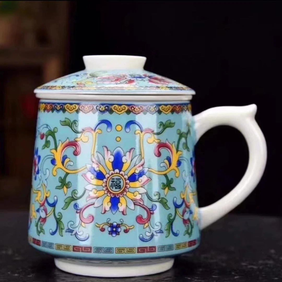 高档羊脂玉珐琅彩茶杯浅蓝办公杯茶水分离杯过滤茶具A0452