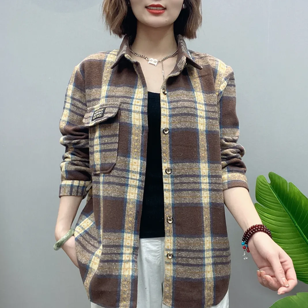 加厚格子衬衫外套女2025春秋新款韩版大码宽松毛呢上衣复古港味风