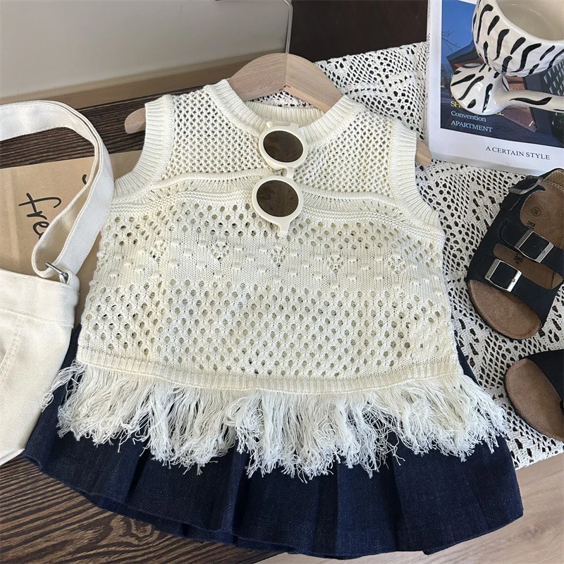 韩版童装2024新款夏季女童镂空针织马甲儿童洋气短裙两件套24201