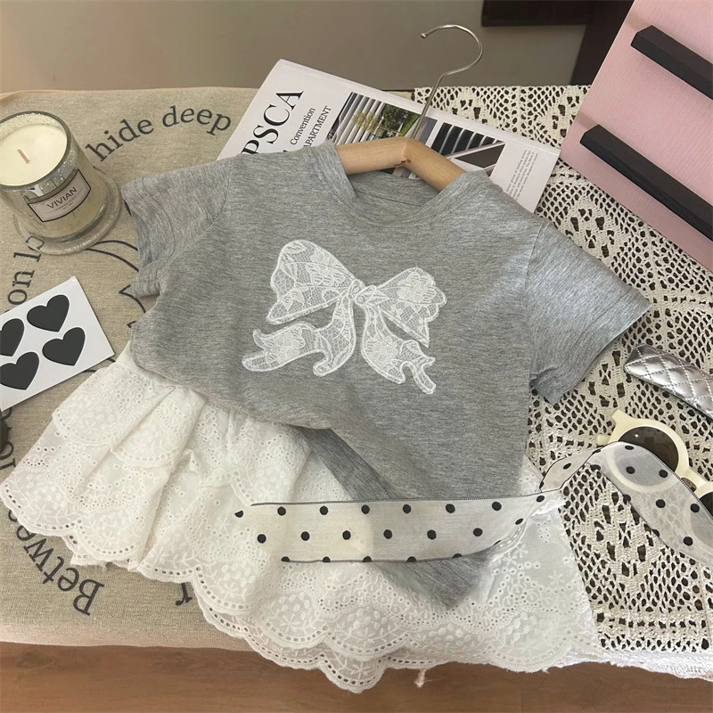 韩版童装2024新款夏季女童蝴蝶结短袖T恤儿童洋气蕾丝裙裤X3678