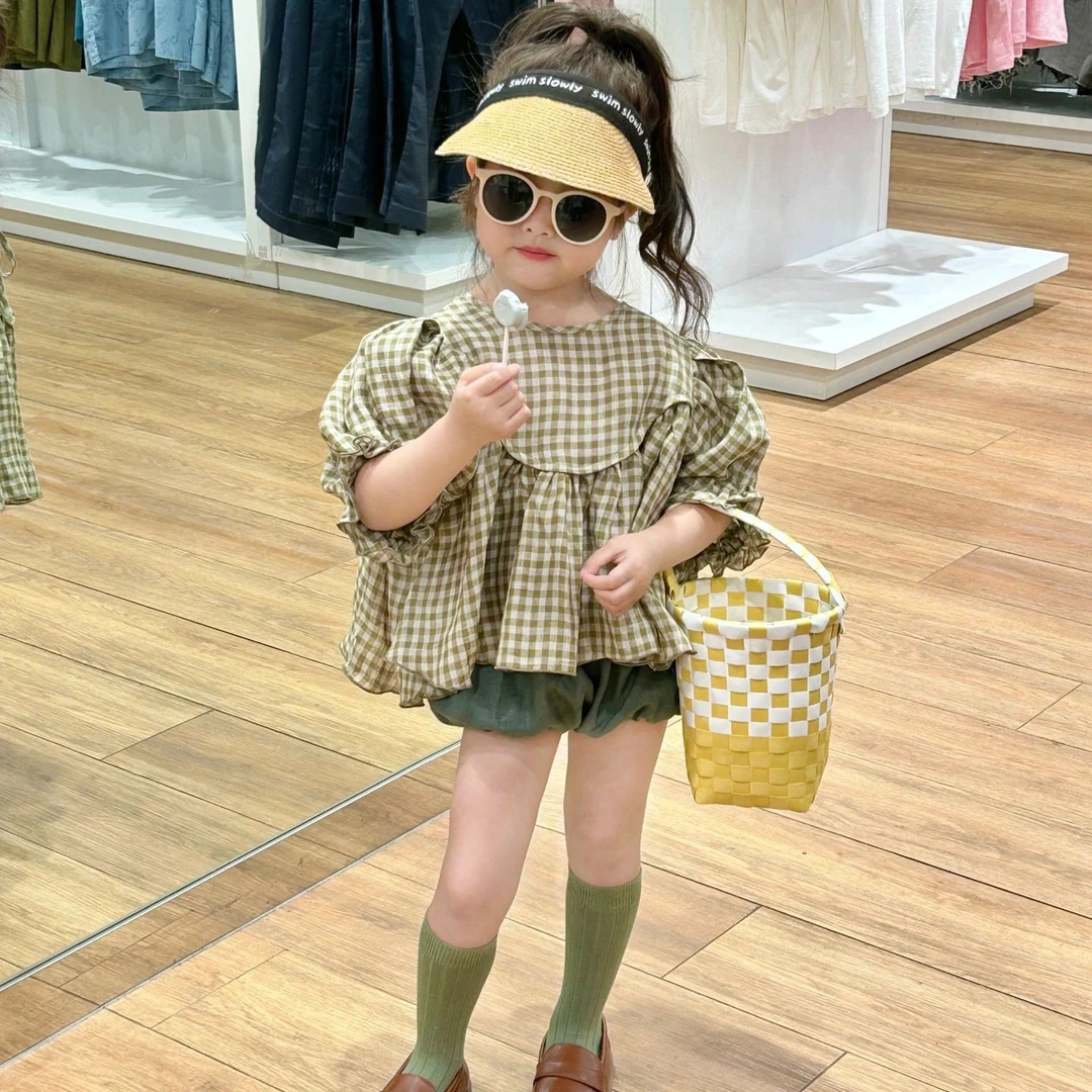 女童夏装套装2023新款洋气格子上衣短裤时髦女宝宝夏季23099