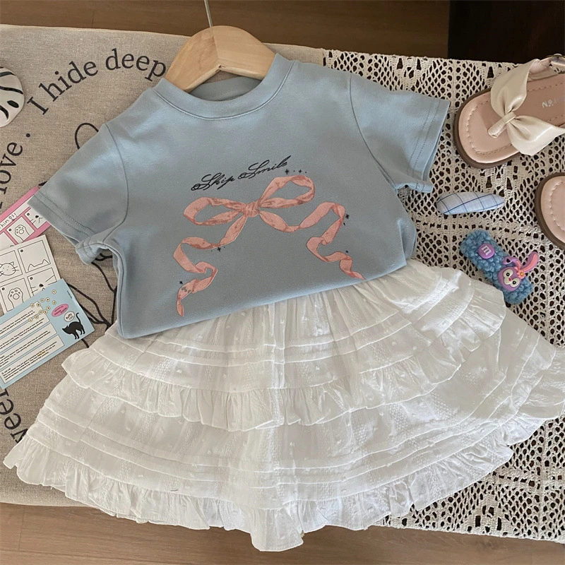 韩版童装2024新款夏季女童印花蝴蝶结短袖T恤洋气两件套24105