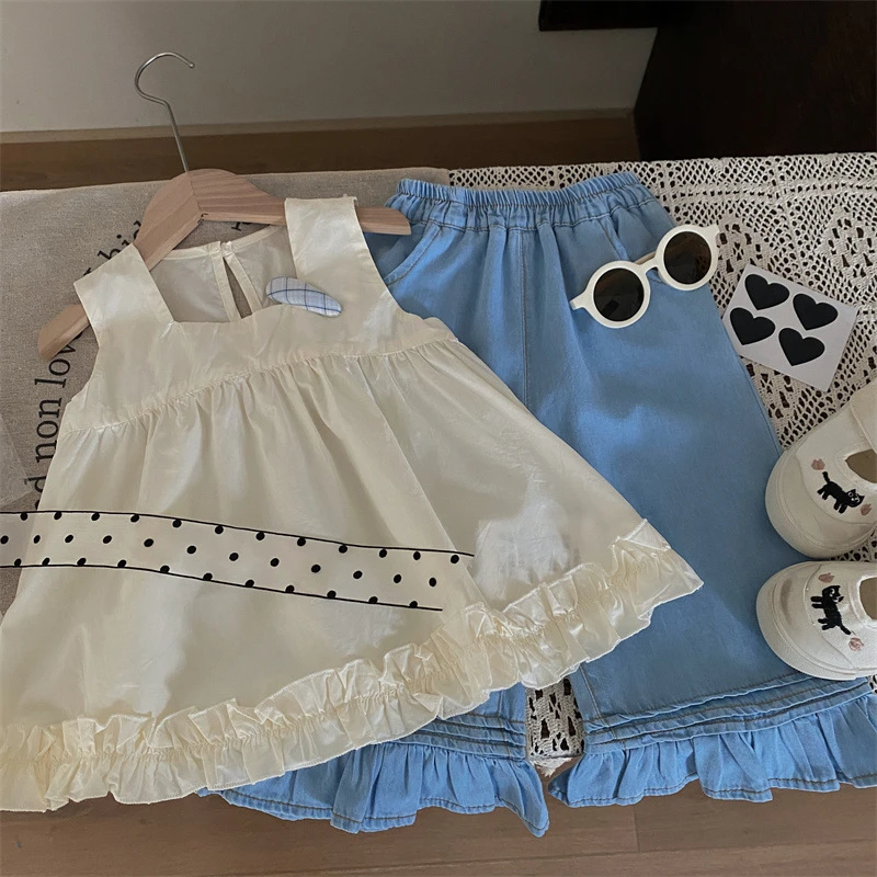 韩版童装2024新款夏季女童拼接背心上衣儿童阔腿裤两件套24178