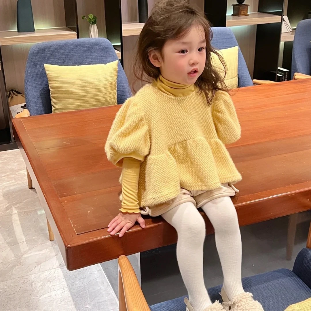 女童装时髦套装洋气泡泡袖娃娃衫打底23266上衣23265短裤23267