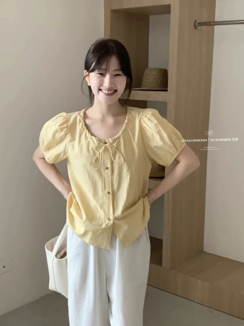 小众领口穿珠子穿绳系带短袖衬衫女设计感上衣