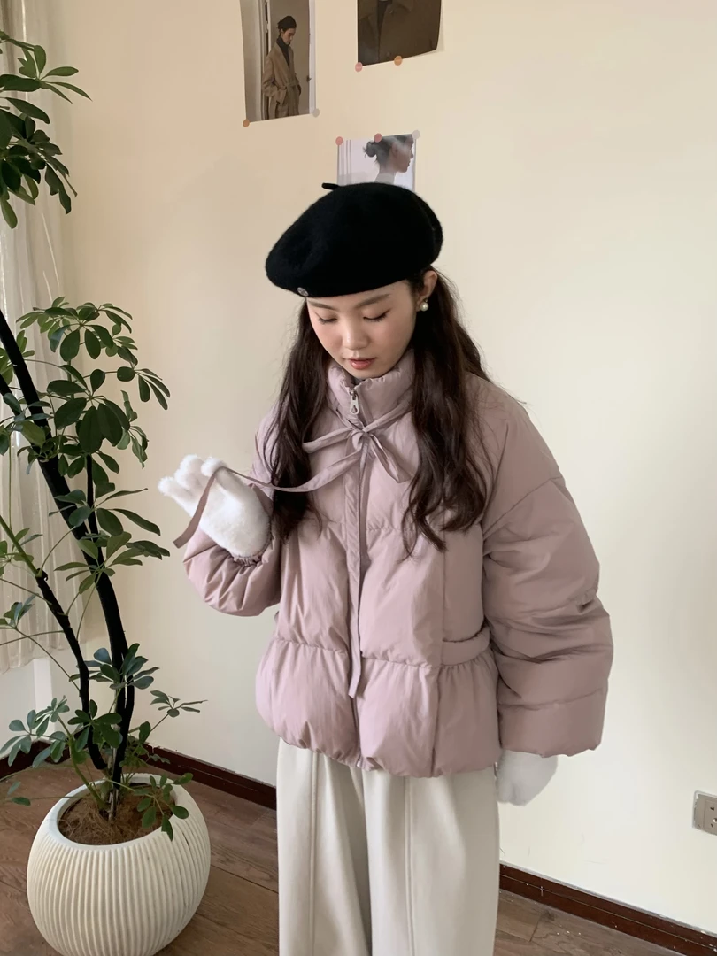 【现货现发】系带立领拉链短款保暖羽羽外套冬季