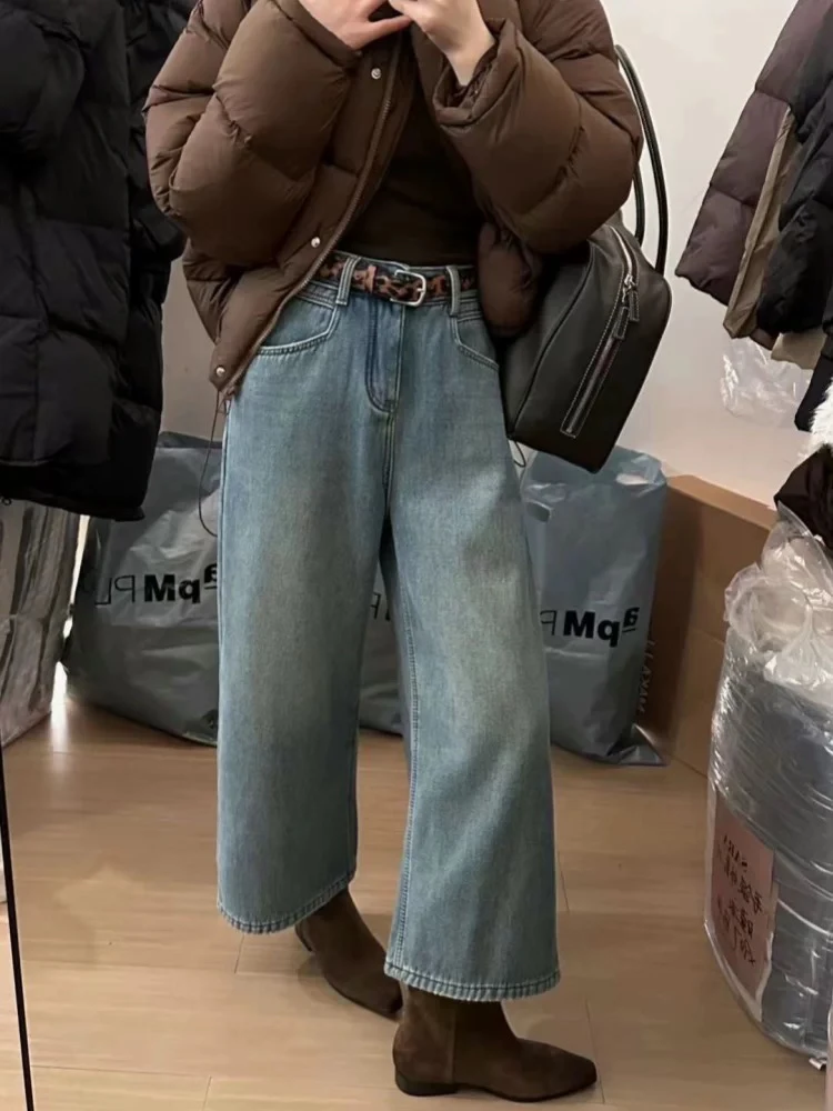 【加绒加厚】加绒牛仔裤高腰直筒窄版蓝色阔腿裤女（拍下带腰带）