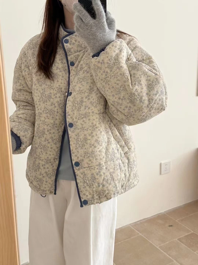 【现货现发】复古小碎花立领撞色设计感棉服女宽松灯芯绒棉衣外套