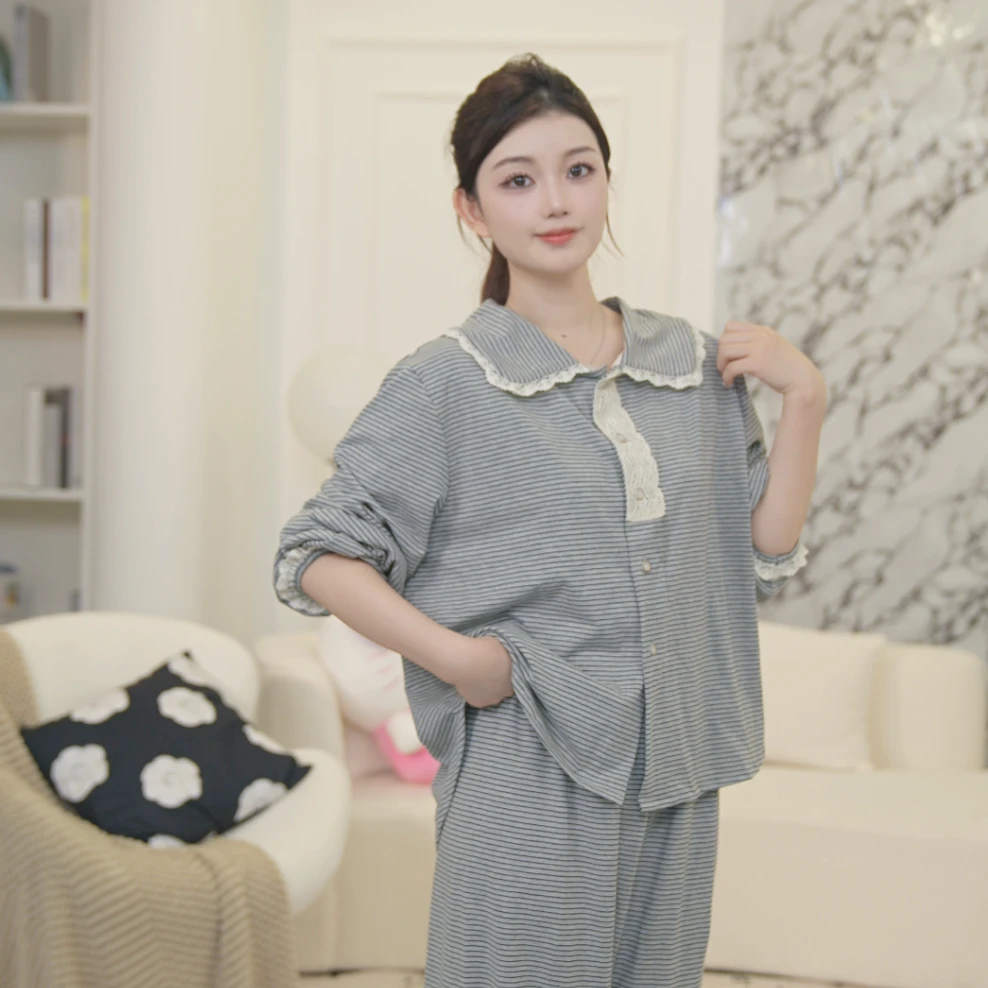 SIEOYJIEA/私迹【灰色条纹】日韩小翻领原宿风女士长袖家居服套装
