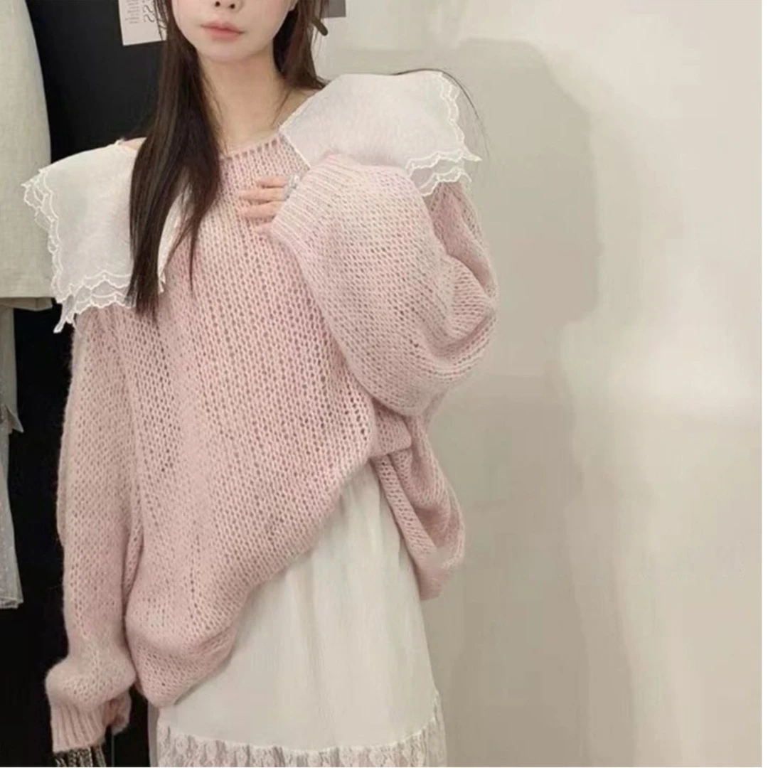 冬季套头好看设计感炸街粉色蕾丝宽松内搭毛衣温柔打底衫女