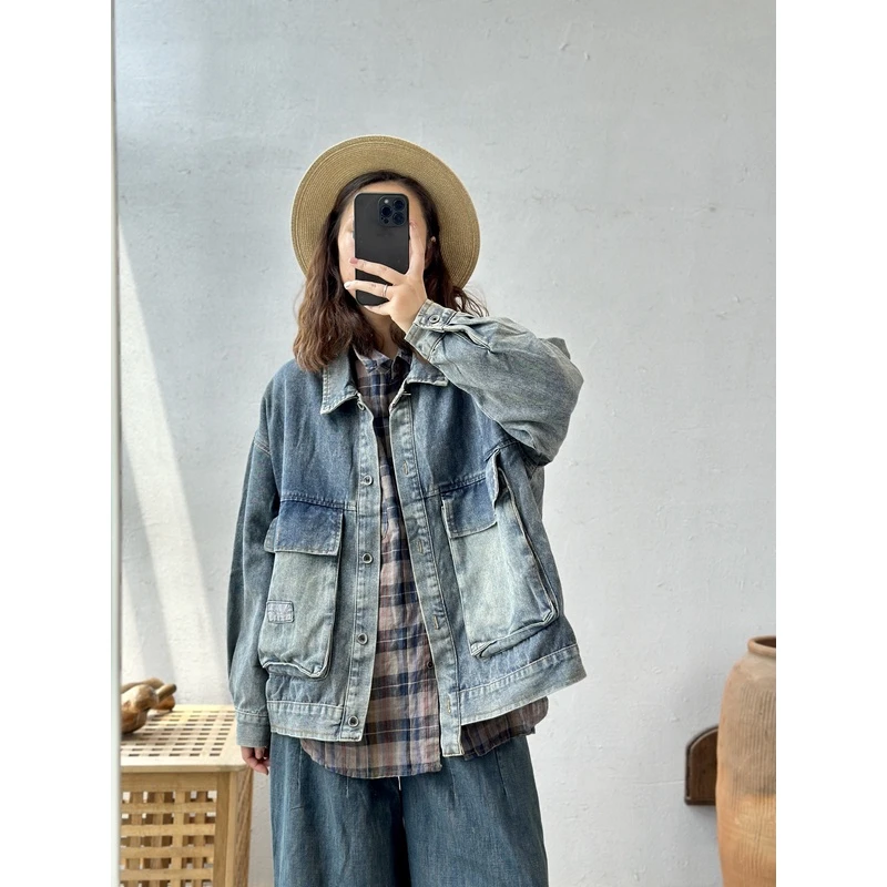 古村一站秋季新款牛仔外套女设计感复古水洗做旧宽松工装夹克
