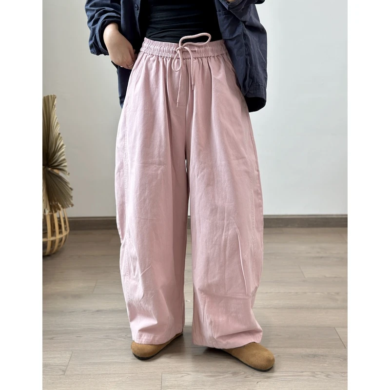 秋季新款直筒休闲裤复古文艺松紧腰系带百搭宽松长裤