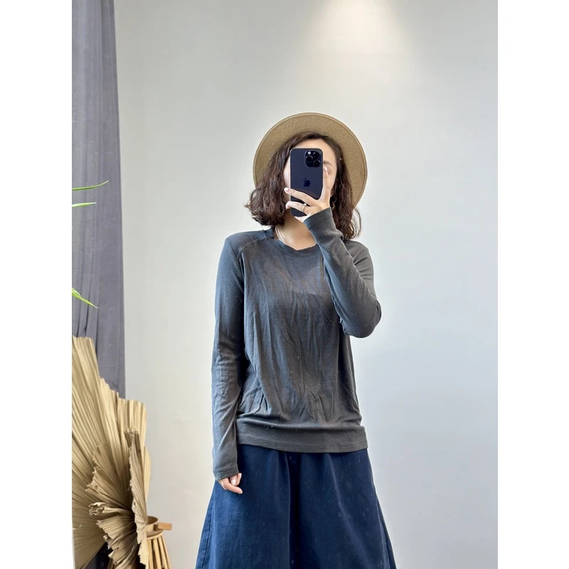 针织t恤莱赛尔长袖圆领羊毛打底衫软糯高弹百搭休闲上衣